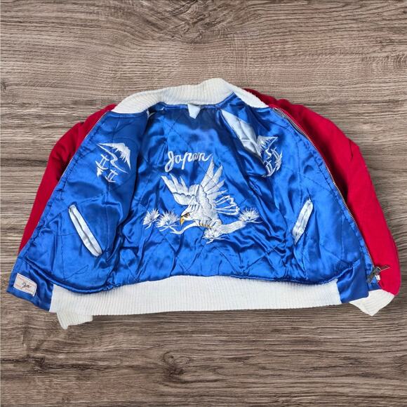 1950s Japan Sukajan Kids Jacket Reversible Red Velvet Blue Satin Tiger Eagle - Picture 9 of 15